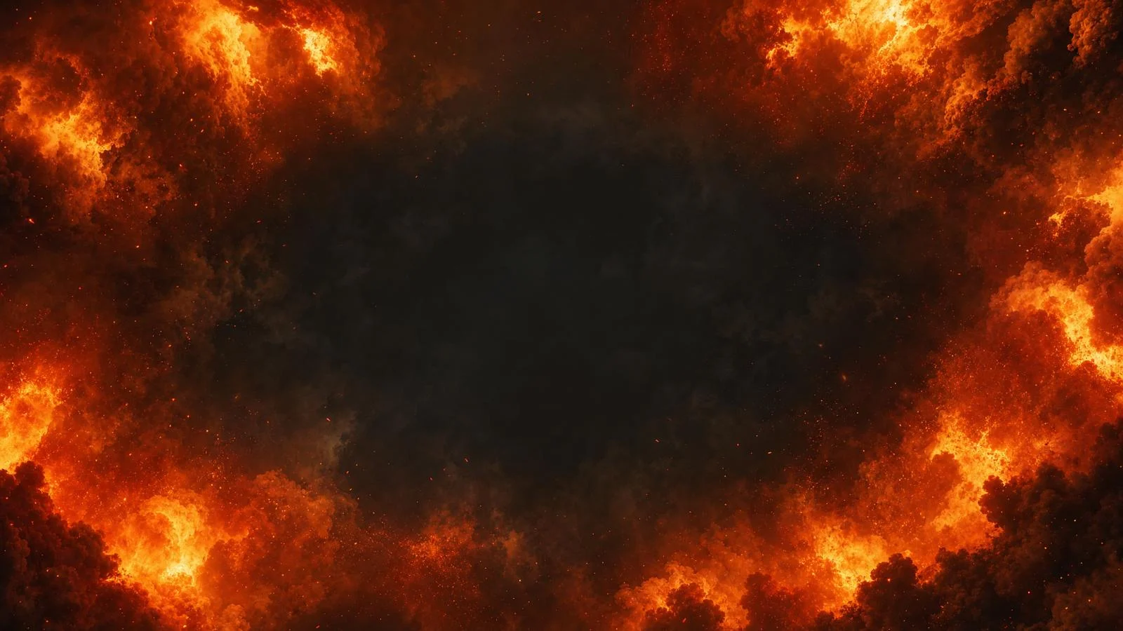 Orange fire and embers burning around the edges of a dark frame.